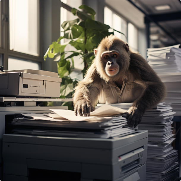 Photo d'un singe qui photocopie des tonnes de documents