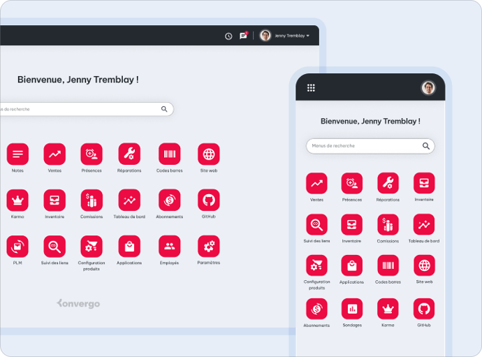 Interface Konvergo sur téléphone et sur ordinateur