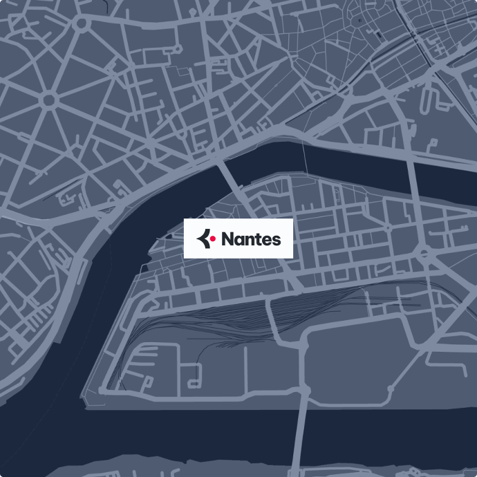 Carte de l'île de Nantes avec le logo Konvergo pour l'emplacement des bureaux